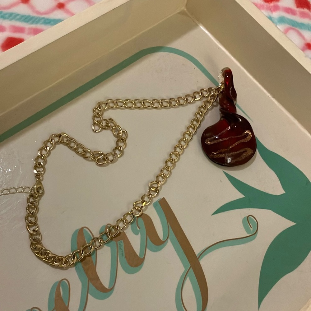 NWOT Twisted/Round Murano Blown Glass Deep Red Pendant From Italy Necklace